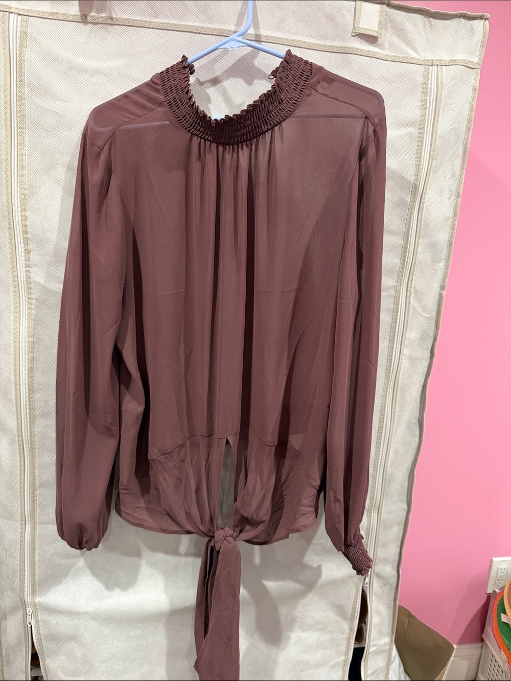 Express Mauve Smocked Tie-Front Long Sleeve Blouse